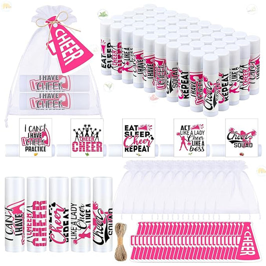 50 Sets Cheer Gifts Bulk 50 Cheer Lip Balm Bulk Moisturizing with 50 Organza Drawstring Gift Bags 50 tags Cheerleader Gifts Cheer Gifts Bulk for Team (Pink)-VivaGrace Women
