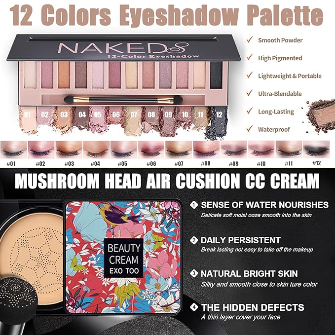 All in One Makeup Kit,Includes Naked Eyeshadow,CC Cream,Liquid Foundation,Lipstick Set,Mascara,Makeup Brush,Makeup Sponge,Eyebrow Pencil,Eyebrow Soap,Eyeliner Stamp, Primer,Contour Stick,Cosmetic Bag-VivaGrace Women