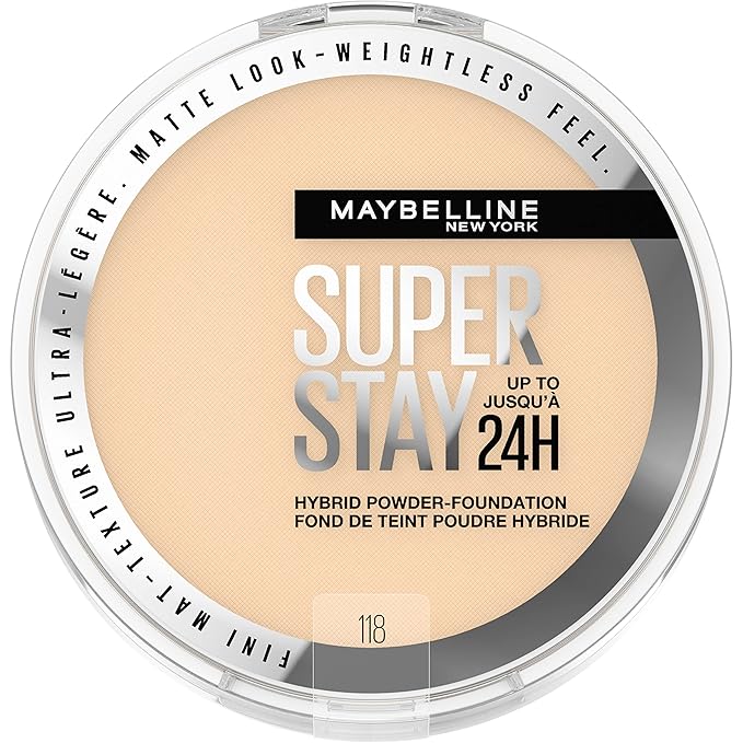 Maybelline Super Stay Up to 24HR Hybrid Powder-Foundation, Medium-to-Full Coverage Makeup, Matte Finish, 118, 1 Count-VivaGrace Women