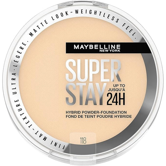 Maybelline Super Stay Up to 24HR Hybrid Powder-Foundation, Medium-to-Full Coverage Makeup, Matte Finish, 118, 1 Count-VivaGrace Women