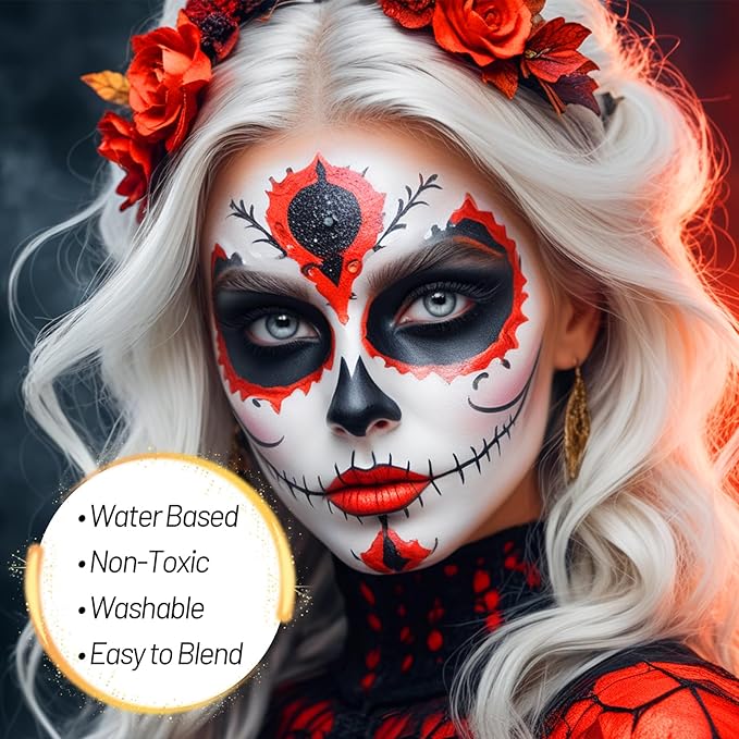 Devil Red Water Based Face Body Paint, 2.37 OZ Large Tube Full Coverage Face Paint for Cosplay Joker Vampire Spiderman, Washable Red Body Painting Cream for Adult Carnival Halloween SFX Makeup-VivaGrace Women