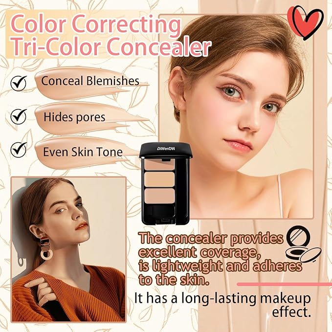 3 Colors Corrector Palette,Moisturizing Long Lasting Waterproof Cream Contour Makeup Palette,Color Correcting Concealer,Natural Flawless Full Coverage Liquid Foundation Set with Makeup Brushes-VivaGrace Women