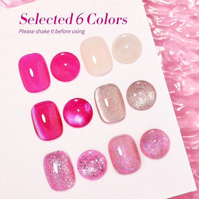 Born Pretty Gel Nail Polish Pink Series,Jelly Transparent Gel Polish, Cat Magnetic Eye,Holographic Glitter Hot Pink Nude Gel Polish for Salon Manicure and Nail Art DIY at Home 6 Colors-VivaGrace Women