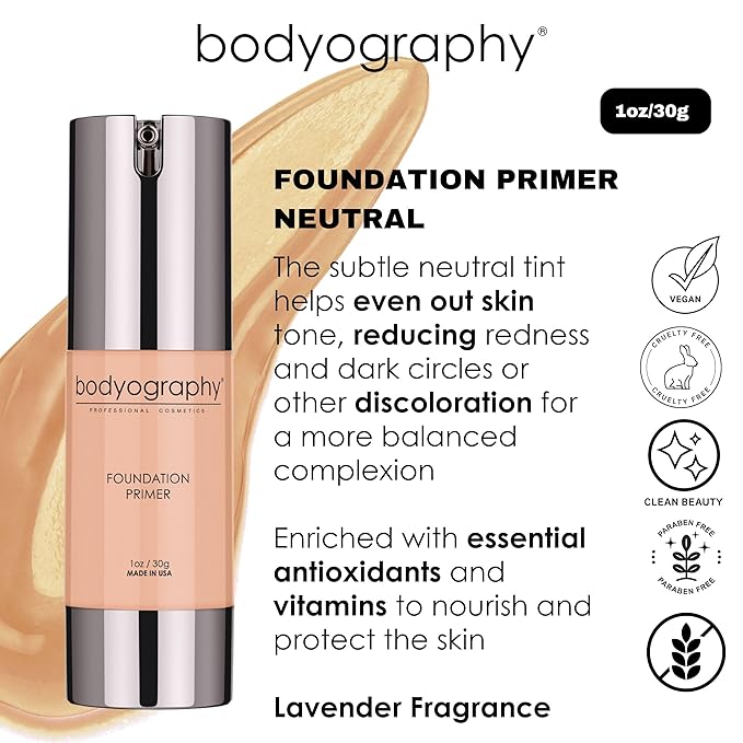 BODYOGRAPHY - Foundation Primer (Neutral): Flawless Anti-Aging Salon Makeup Primer w/Vitamin E, A, Jojoba, Grapeseed Oil | Control Shine | Gluten-Free, Cruelty-Free, 1 oz.-VivaGrace Women
