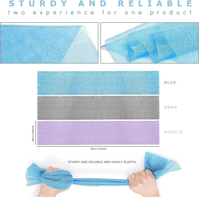 UJFQBH 3 Pieces African exfoliating net African Net Long Net Bath Sponge Exfoliating Shower Body Scrubber Back Scrubber Skin Smoother,Great for Daily Use (Purple Gray Blue)-VivaGrace Women