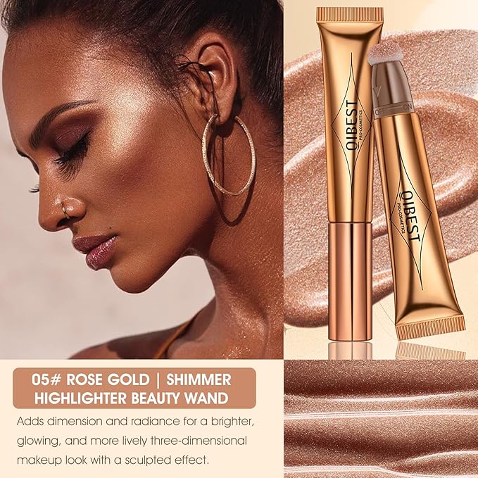 Liquid Highlighter Beauty Wand, Cream Liquid Highlighter Stick with Cushion Applicator, Lightweight Blendable, Long Lasting Silky Cream Highlighter Stick | 5# Highlight Rose Gold-VivaGrace Women