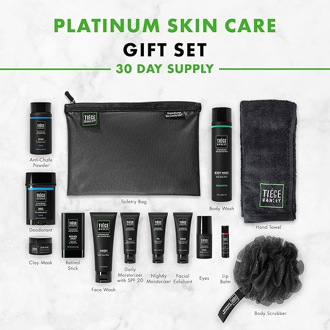 Tiege Hanley Mens Skin Care Gift Box Set, Platinum - Men's Skincare Set Includes Face Wash, AM & PM Moisturizer, Scrub, Eye Cream, Clay Mask, Retinol Stick, Body Wash, Deodorant, Lip Balm-VivaGrace Women