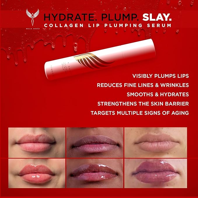 Bella Grace Vegan Collagen Lip Plumper Serum, Vitamin E, Peptides, Hydrating Lip Care Fuller Plumper Looking Lips, Supports Wrinkles, Fine Lines, Elasticity, Paraben, Sulfate & Cruelty Free, 0.1 fl oz-VivaGrace Women