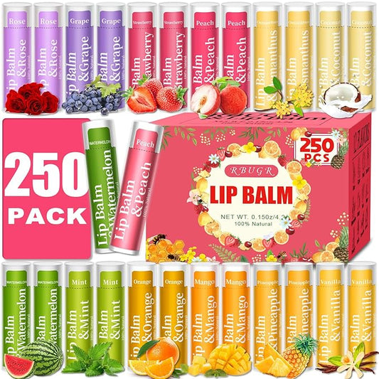 250 Pcs Lip Balm Bulk,12 Fruit Flavored Natural Bulk Lip Balm, Lip Balms Pack with Vitamin E, Lip Balm Gift Set Women Stocking Stuffers Party Favors, Moisturizing&Soothing(4.2g/0.15oz)-VivaGrace Women