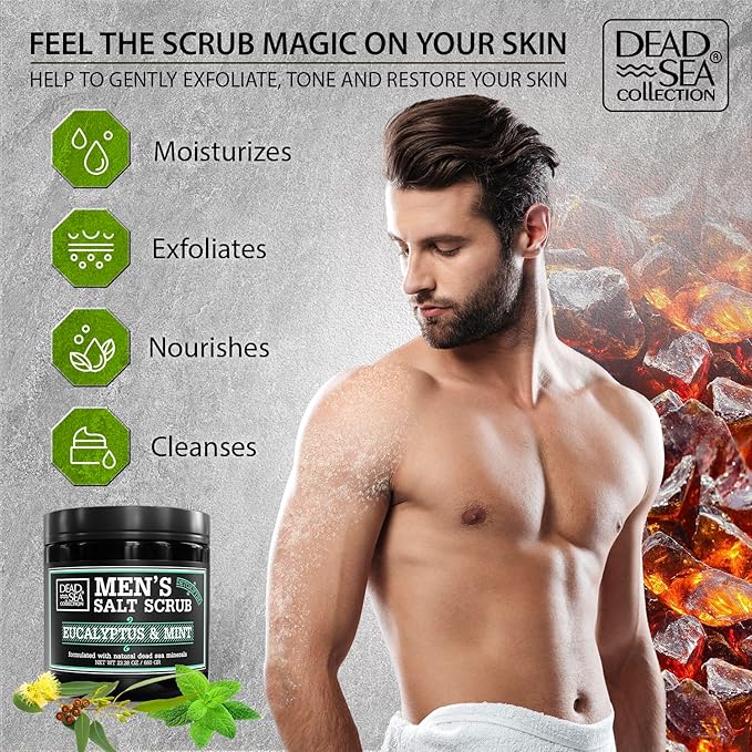 Salt Body Scrub Eucalyptus & Mint For Men– Moisturizes, Exfoliates & Nourishes Skin – Cleanses & Detoxifies with Dead Sea Minerals – Dead Sea Collection - 23.28 OZ-VivaGrace Women