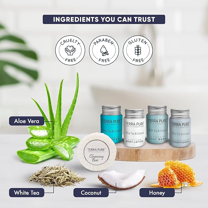 Terra Pure White Tea & Coconut Hotel Size Toiletries Set | 1-Shoppe All-In-Kit | 1 oz. Liquids and 1.25 oz. Bar Soap | Amenities For Hotels, Airbnb & Rentals | (75 pieces)-VivaGrace Women