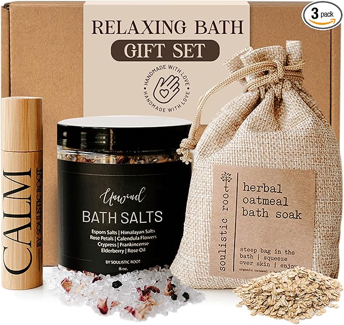 Relaxing Bath Gift Set, Luxury Spa Gifts for Women, Self Care Products for Women and Men, Calm Essential Oil Roller, Oatmeal Lavender Bath Soak & Epsom Salts with Essential Oils-VivaGrace Women
