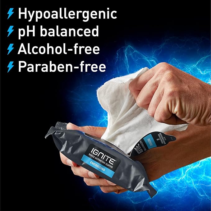 Ignite Mens Body Wet Wipes, Extra Thick 8" x 8" Shower Wipes, Energizing Scent, 10 Count (Pack of 5)