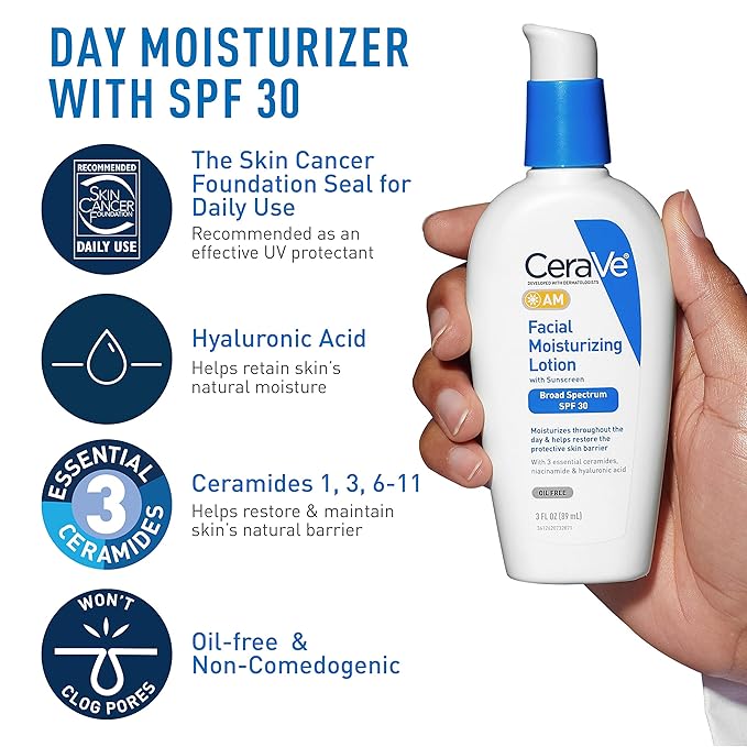 CeraVe AM Face Moisturizer with SPF, PM Face Moisturizer & Hydrating Face Wash Skin Care Routine for Morning & Night | Travel Size Toiletries | 3oz Lotion + 3oz Lotion + 3oz Cleanser-VivaGrace Women