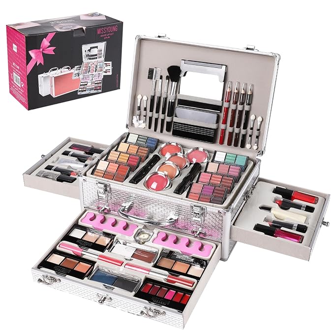 All in One Makeup Kit for Teens, 106 Pcs Professional Makeup Kit for Women Full Kit, Include Eyeshadow Palette, Lipstick Set, Concealer, Foundation, Lipgloss, Makeup Brush(Silver)-VivaGrace Women