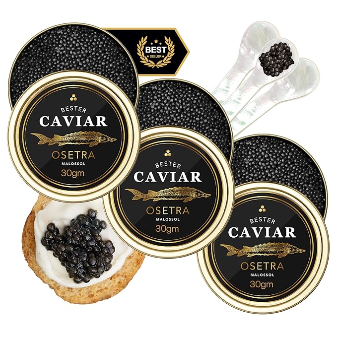 OVERNIGHT GUARANTEED, BESTER Premium Russian Osetra Sturgeon Caviar - 3 tins of 1 oz -30G (Trio Pack) - Malossol Ossetra Black Roe - Premium Quality, Traditional Style, imported-VivaGrace Women