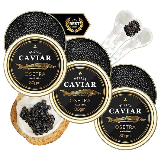 OVERNIGHT GUARANTEED, BESTER Premium Russian Osetra Sturgeon Caviar - 3 tins of 1 oz -30G (Trio Pack) - Malossol Ossetra Black Roe - Premium Quality, Traditional Style, imported-VivaGrace Women
