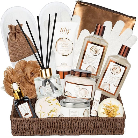 Bath and Body Gift Basket Set for Women - Coconut Vanilla Spa Gift Basket for Women 17-Piece Luxury Bath Gift Set with Shower Gel Self Care Pampering Gifts for Mothers Day, Christmas, Birthday Gifts-VivaGrace Women