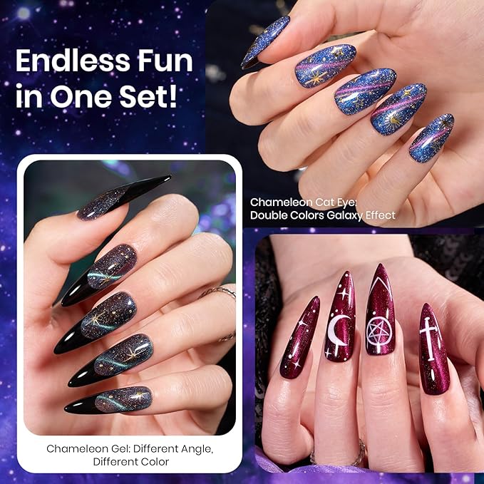 Beetles Cat Eye Gel Polish - Milky Way 6 Colors Gel Polish Set, Black Purple Blue Temperature Changing Glitter Nails, Halloween Galaxy Nails Kit with Magnet Stick Soak Off Uv Lamp Gel-VivaGrace Women