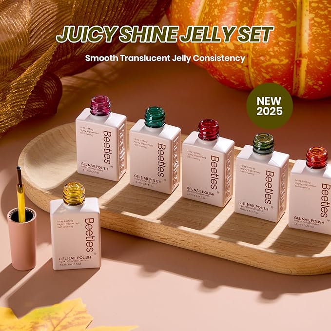 Beetles Jelly Gel Nail Polish Set - 6 Colors Yellow Orange Burgundy Red Purple Green Fall Gel Polish Kit Sheer Translucent Effect Soak off UV Nail Art Autumn Prism Series Manicure Gift for Women-VivaGrace Women
