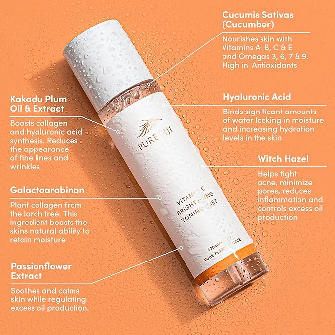 Pure Fiji Face Toner Mist with Vitamin C for Brightening & Refreshing Antioxidant Face Mist Hydrating Spray Helps Even Skin, Smooths Fine Lines and Wrinkles (4.4oz/130ml)-VivaGrace Women