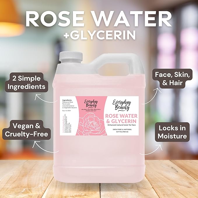 Rose Water & Glycerin Enhanced Facial Toner - 32oz Bulk Alcohol-Free Vegan All Natural Refreshing for Face and Hair - Uplifts, Calming & Soothing for All Skin Types…-VivaGrace Women