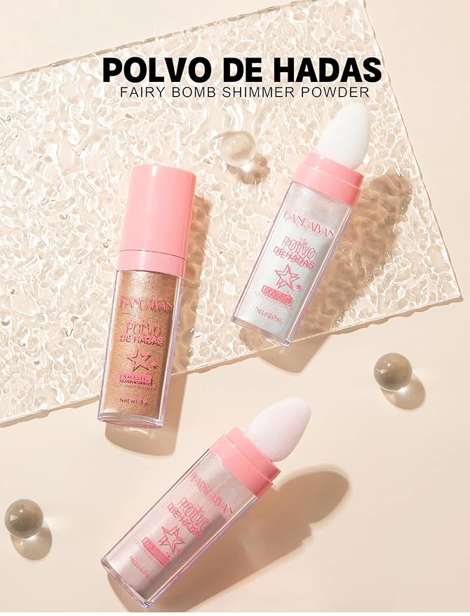 AKARY Body Glitter, Fairy Polvo De Hadas Shimmer Face Highlighter Powder & Blush Stick, Instant Glow Luminizer Duo, Glitter Face Hair High Gloss, Sparkle Smudge-Proof Highlighter Stick Party Makeup (#02 Fairy Pink)-VivaGrace Women