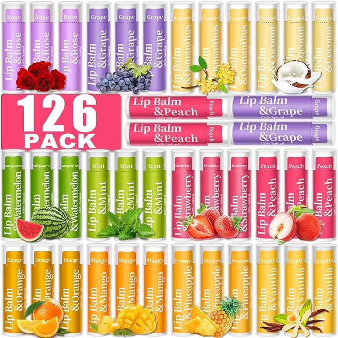 126 Pcs Lip Balm Bulk, 12 Flavored Pack of Lip Balms Natural Lip Balm Pack Moisturising Organic Lip Balm Set for Cracked Lips, Bulk Gifts Stocking Stuffers Party Favors(4.2g/0.15oz)-VivaGrace Women