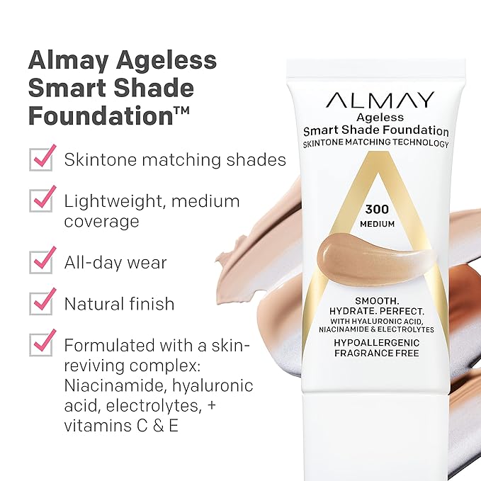 Almay Anti-Aging Foundation, Smart Shade Face Makeup with Hyaluronic Acid, Niacinamide, Vitamin C & E, Hypoallergenic-Fragrance Free, 050 Fair, 1 Fl Oz (Pack of 1)-VivaGrace Women