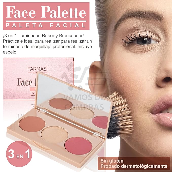 FARMASI Makeup Face Palette, Trio Eyeshadow, Long Lasting Face Sculpting, Blush and Highlighter Powder, Glow Contour Shadow Bronzer, All Skin Types, 0.52 oz. / 15 g (3 in 1 Face Palette)-VivaGrace Women