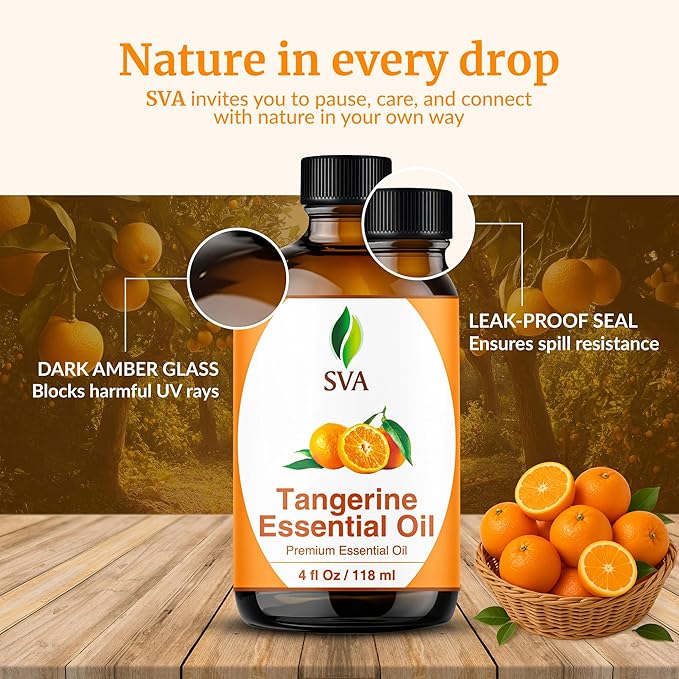 SVA Tangerine Essential Oil – 4 Fl Oz – 100% Natural Tangerine Oil - for Diffuser, Hair Care, Face, Skin Care, Aromatherapy, Scalp and Body Massage, Soap and Candle Making – with Dropper-VivaGrace Women