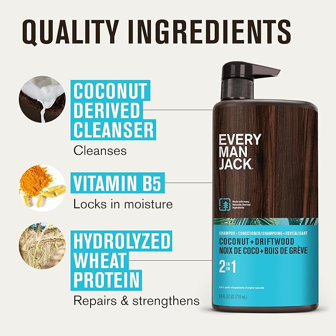 Every Man Jack 2-in-1 Daily Shampoo + Conditioner - Coconut & Driftwood | Nourishing For All Hair Types, Naturally Derived, Cruelty-Free Shampoo and Conditioner Set for Men | 24oz -1 Bottle-VivaGrace Women