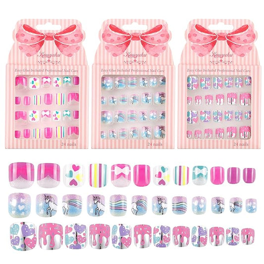 Kids Press on Nails Children Fake Nails 72PCS Artificial Nail Tips Adhesive Full Cover Short False Fingernails for Girls Kids Nail Decoration (Bow Tie Heart Unicorn)