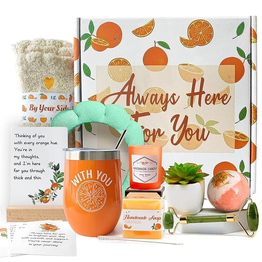Orange-Themed Spa Gift Basket for Women - Self-Care Package, Birthday Box with Handmade Soap, Candle, Bath Bomb, Headband, and Towel-VivaGrace Women