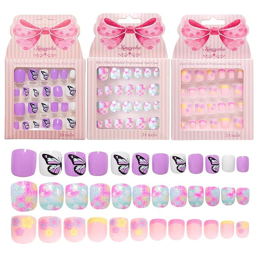 Kids Press on Nails Children Fake Nails 72PCS Artificial Nail Tips Adhesive Full Cover Short False Fingernails for Girls Kids Nail Decoration (Butterfly Flower Star)