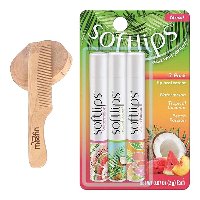SoftLips Lip Balm, 0.63 oz - Tropical Lip Balm in Hydrating Watermelon, Coconut & Peach Flavors with Shea Butter & Vitamin E, Bundle with Moofin Wooden Comb, Nourishing LipBalm Set (Pack of 1)-VivaGrace Women