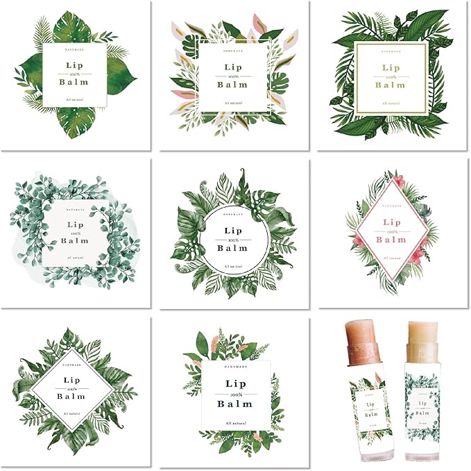 CRASPIRE 80Pcs 8 Styles Labels for Lip Balm Coated Paper Paster Tropical Plants Square Tubes Lip Balm Labels Stickers Natural Homemade Self-Adhesive Stickers Logo for Containers Cosmetics Lipsticks-VivaGrace Women