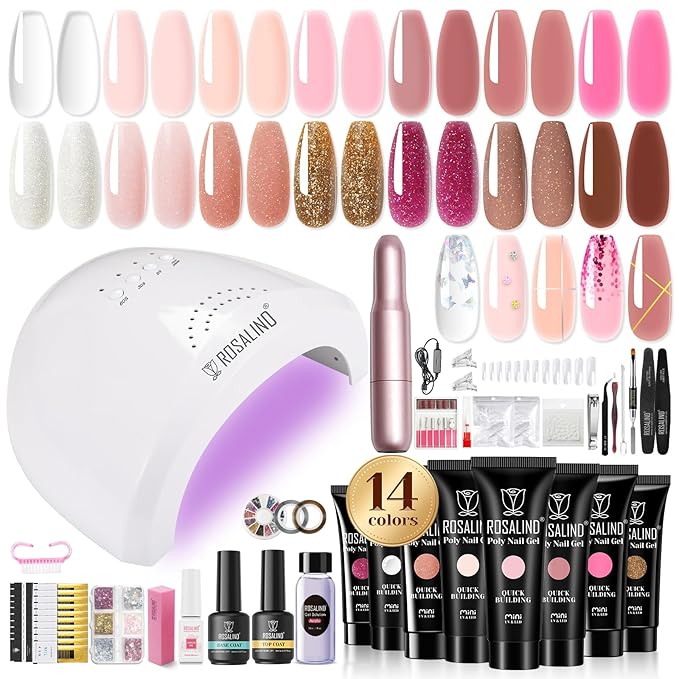 Poly Nail Gel Starter Kit -14 Colors + 75 Nail Art Accessories Kit,ROSALIND Clear Pink Nude Glitter Poly Nail Gel with Big UV Light 48W and Electric Nail Drill Starter Kit-VivaGrace Women