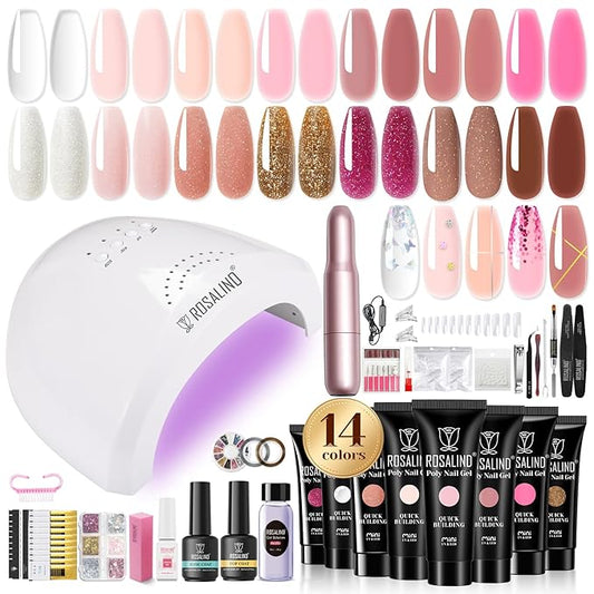 Poly Nail Gel Starter Kit -14 Colors + 75 Nail Art Accessories Kit,ROSALIND Clear Pink Nude Glitter Poly Nail Gel with Big UV Light 48W and Electric Nail Drill Starter Kit-VivaGrace Women