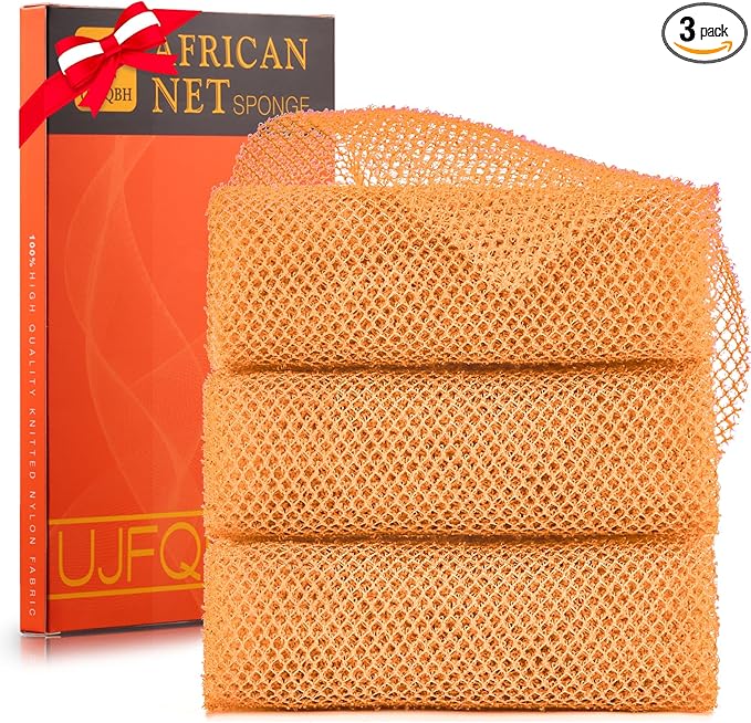 UJFQBH 3 Pieces African Bath Sponge African Net Long Net Bath Sponge Exfoliating Shower Body Scrubber Back Scrubber Skin Smoother,Great for Daily Use (Yellow,Yellow,Yellow)-VivaGrace Women