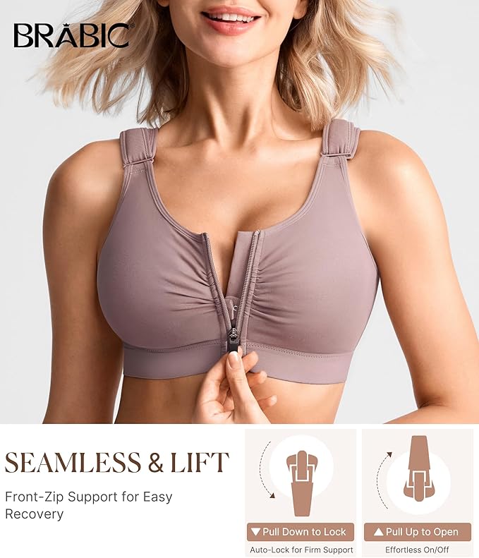 BRABIC Zip Front Closure Everyday Bra for Women Post Surgery Compression Support with Adjustable Straps Wirefree-VivaGrace Women