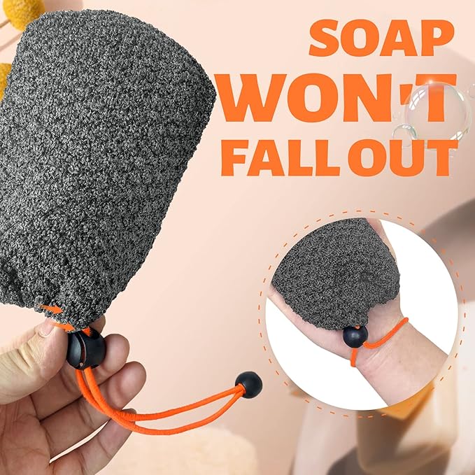 MIG4U Exfoliating Soap Bag for Shower 2 Pieces - Bar Soap Saver Pouch, Bamboo Body Scrubber Exfoliator Pocket in Travel Bathing, Grey, Double Layer