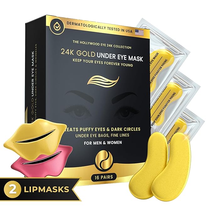 16 Pairs Gold Under Eye Patches with 2 pieces of Lip Mask | Under Eye Mask Dark Circles and Puffiness | Wrinkles Patches with Hydrogel | Collagen Eye Pad-VivaGrace Women