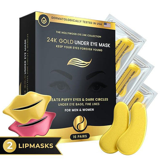 16 Pairs Gold Under Eye Patches with 2 pieces of Lip Mask | Under Eye Mask Dark Circles and Puffiness | Wrinkles Patches with Hydrogel | Collagen Eye Pad-VivaGrace Women
