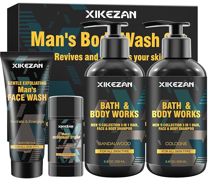 Gifts for Men,Mens Body Wash Gift Set Cleansing & Hydrating Skin w/Face Wash,Deodorant,Sandalwood & Cologne 3 in 1 Hair,Face & Body Wash,Mens Stocking Stuffers Christmas Gifts for Men Him Dad Husband-VivaGrace Women