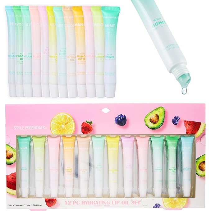 Expressions 12pc Lip Oil Set - Flavored Lip Oils Value Pack, Hydrating Lip Oils w/Squeeze Tube Application, Moisturizing Lip Oil Collection for Everyday Lip Care and Lip Repair (FRUITS)-VivaGrace Women