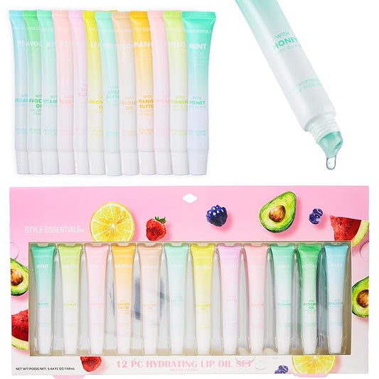 Expressions 12pc Lip Oil Set - Flavored Lip Oils Value Pack, Hydrating Lip Oils w/Squeeze Tube Application, Moisturizing Lip Oil Collection for Everyday Lip Care and Lip Repair (FRUITS)-VivaGrace Women