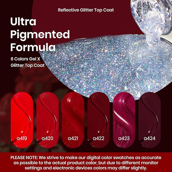 Beetles Red Gel Nail Polish Set with Top Coat, 6 Colors Popular Shimmer Red Burgundy Gel Polish Kit Nail Art Design Soak Off Uv LED Minicure DIY Home Gifts for Women-VivaGrace Women