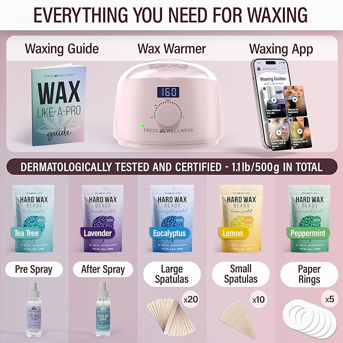 Tress Wellness Waxing Kit for Sensitive Skin – Safe for Face & Skin, Prep & Aftercare Spray, Easy to Use – At-Home Kit for Face, Bikini, Brazilian & Full Body - Digital Display, Pink-VivaGrace Women