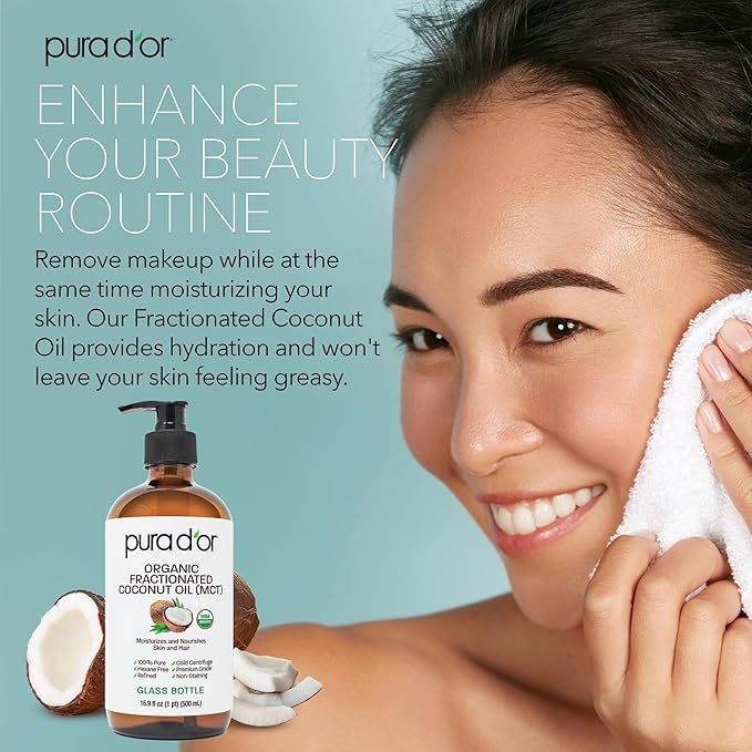 PURA D'OR 16.9 Oz ORGANIC Fractionated Coconut Oil MCT Oil (GLASS BOTTLE) 100% Pure & Natural USDA Certified Cold Pressed - Unscented, Hexane Free Moisturizer For Face, Skin & Hair Tonic - Men & Women-VivaGrace Women